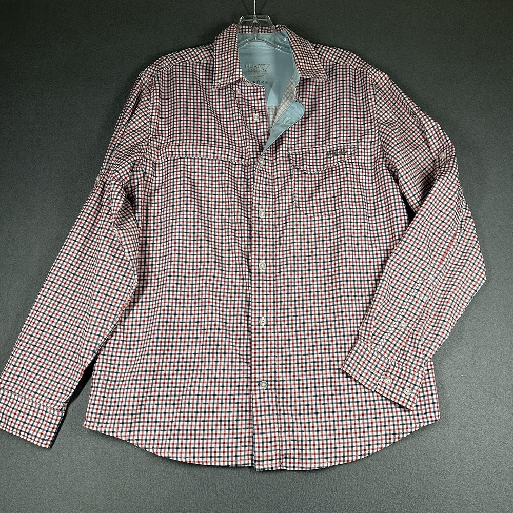 Huk Shirt Mens Small Red Blue Check Long Sleeve Button Up Performance Fishing